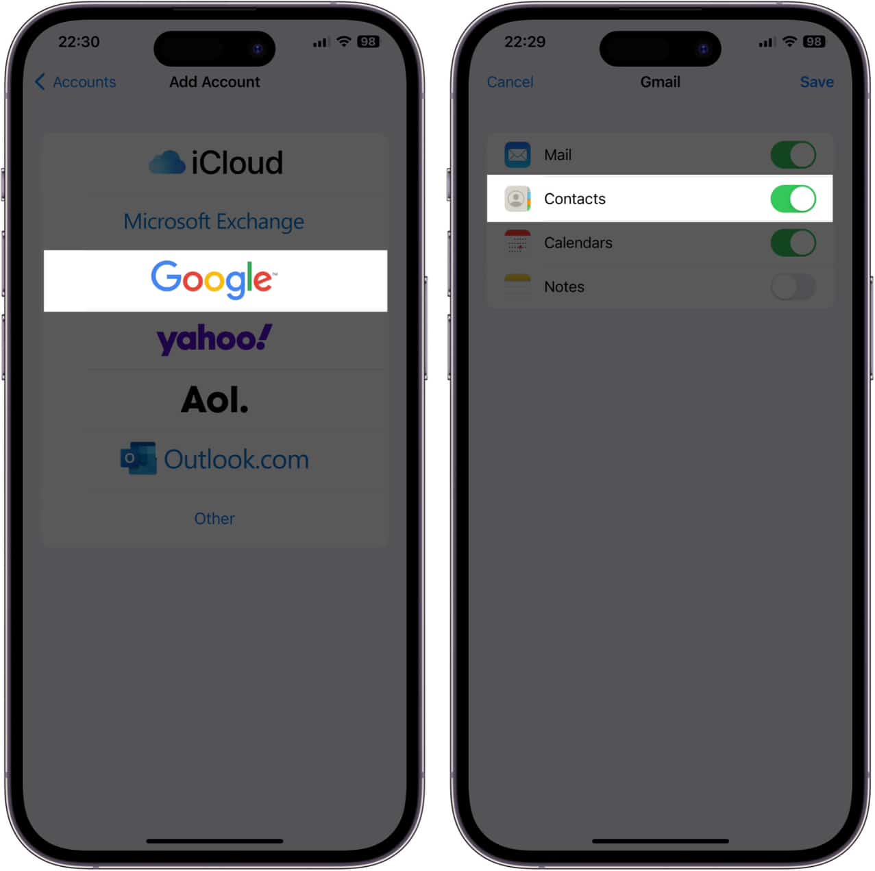 جهات اتصال Gmail مع iPhone